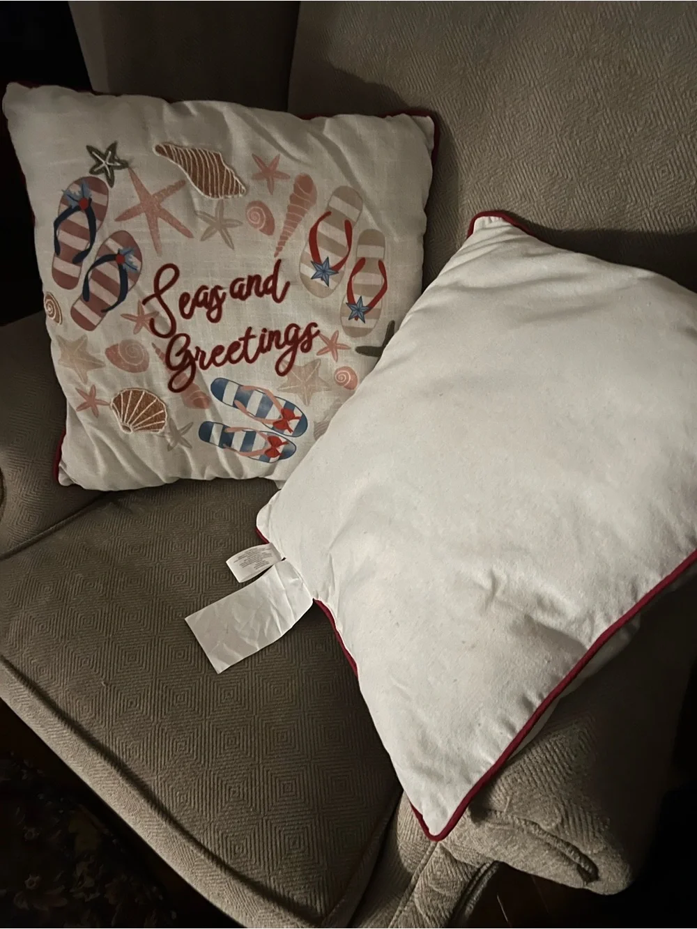 Set of two Seas and Greetings Decorative Throw Pillows - White with Red Accent